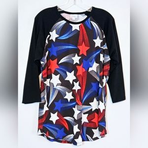 LulaRoe 3/4 Sleeve Knit Top, Red/White/Blue/Black Stars, Sz L